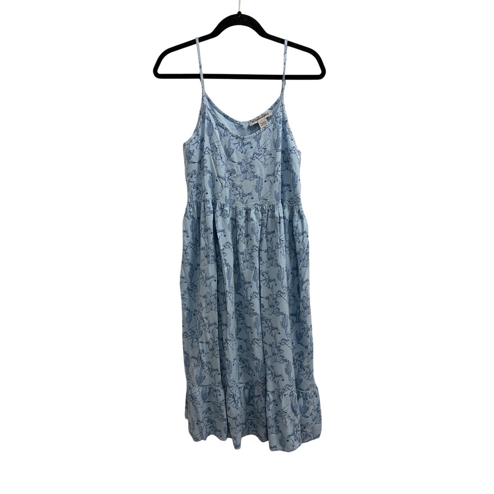 Midi Dress Western Coastal Outdoor Casuals Womens L Blue Horse Cactus Rayon